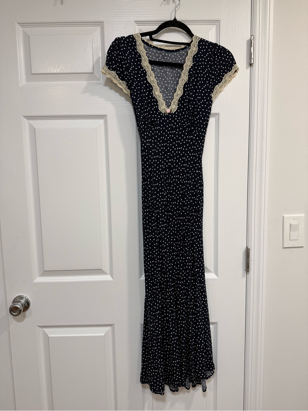 Commense Black Polka Dot Maxi Dress with Cream Lace Trim
